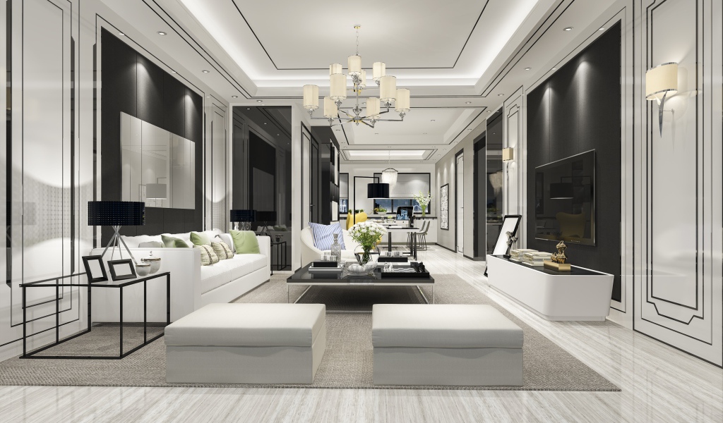 Большая просторная гостиная комната с белой кожаной мебелью