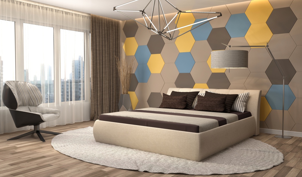 Спальная комната в стиле минимализм с большой кроватью 