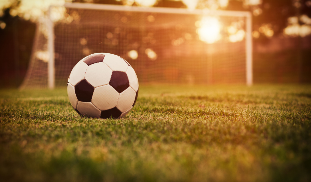 Футбольный мяч лежит на поле у ворот