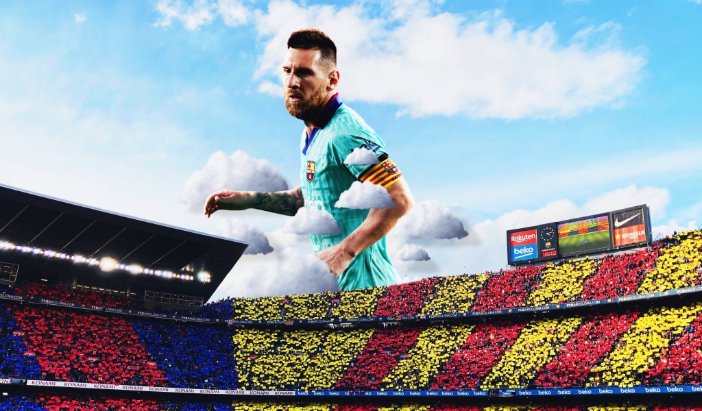 Футболист Лионель Месси в небе над футбольным полем