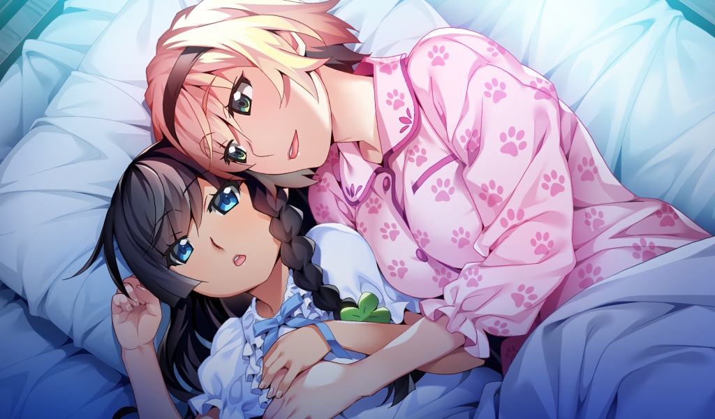 Парень и девушка аниме лежат на кровати