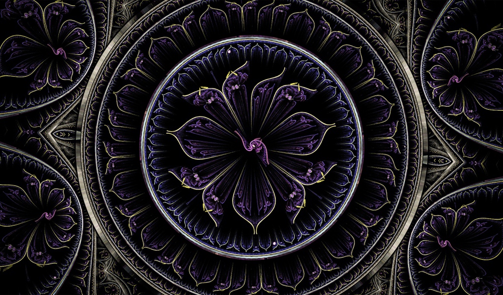 Красивый фиолетовый фрактальный рисунок с золотыми линиями