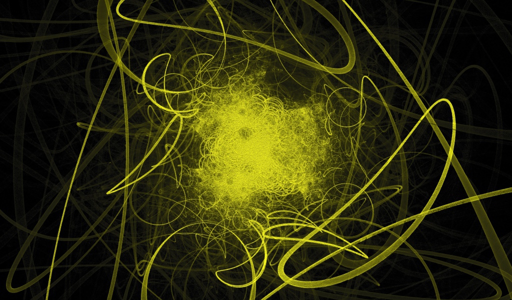 Яркие желтые волнистые лучи света на черном фоне