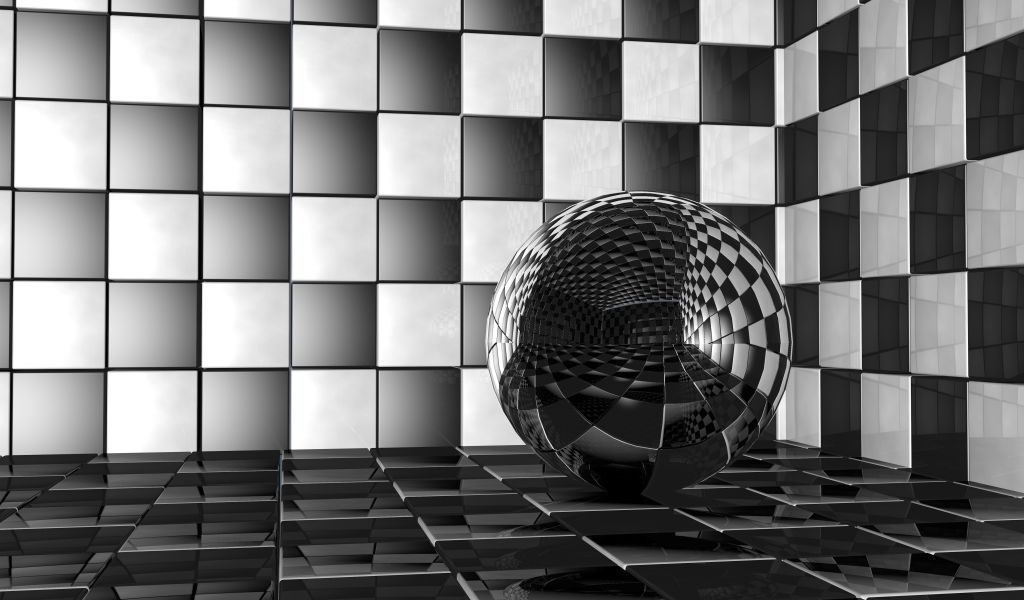 Стеклянный шар в комнате с черно-белыми стенами 3д графика