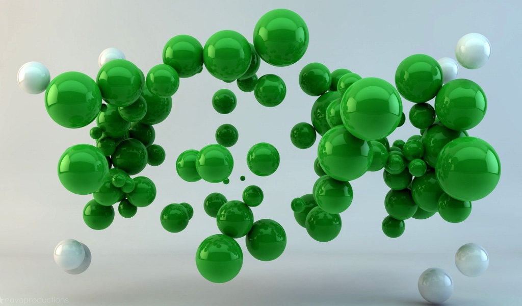 Зеленые шары в воздухе на сером фоне 3д