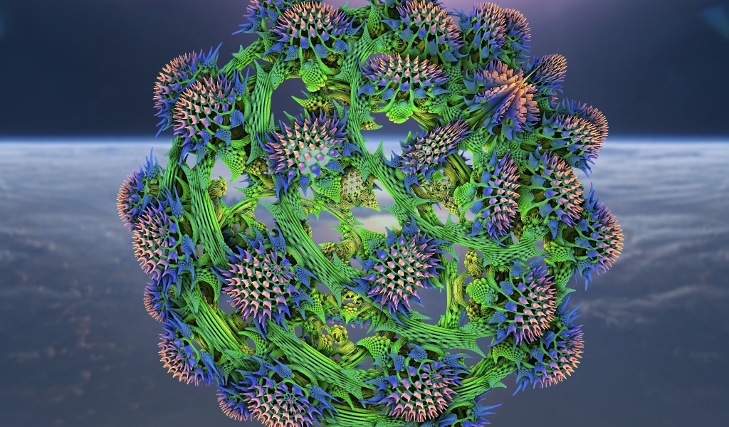 Большой колючий фрактальный цветок на сером фоне