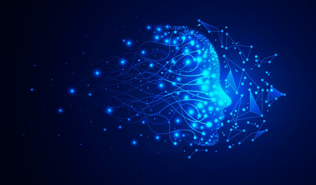 Неоновое лицо с точками на синем фоне 