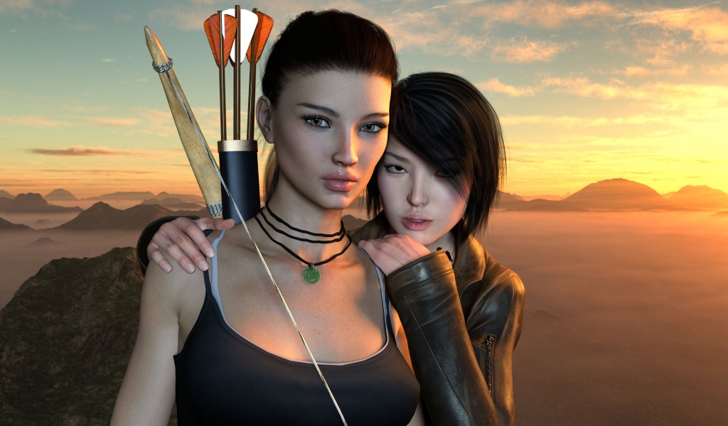 Две 3д девушки с луком и стрелами