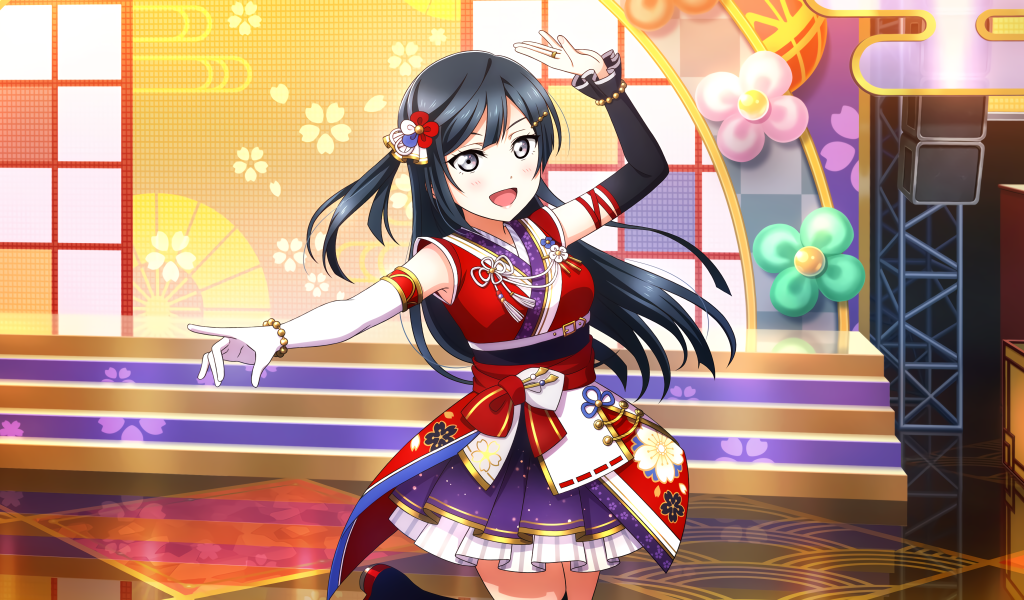 Девушка аниме в красивом платье в зале 