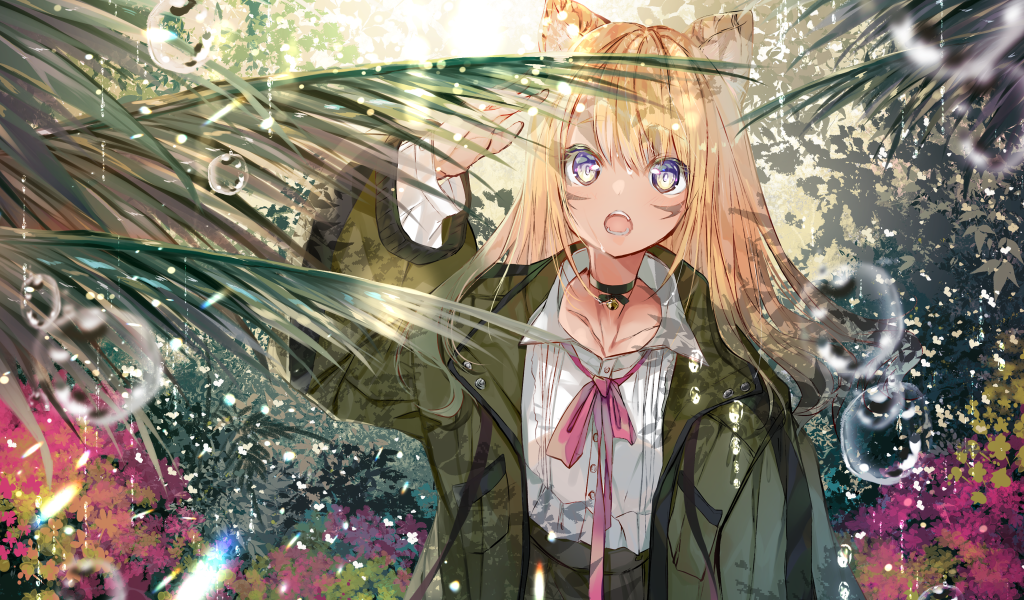 Аниме девушка в зеленых листьях папоротника