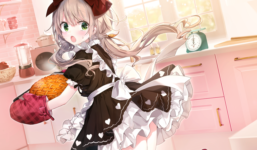 Anime girl in the kitchen with pie