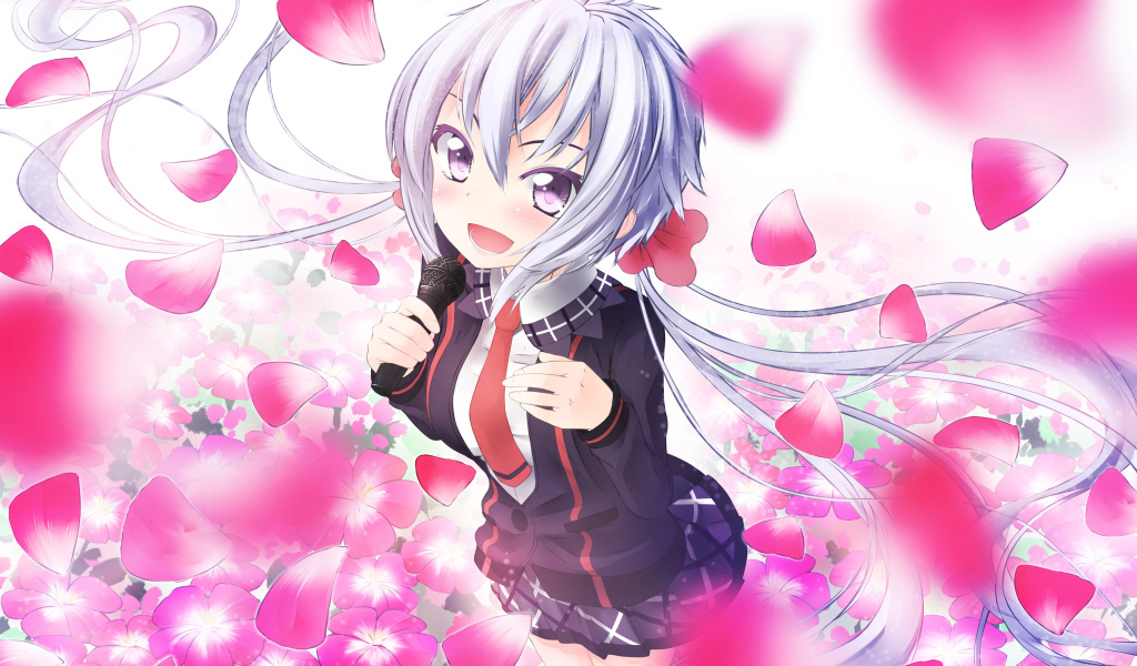 Девушка аниме на фоне с розовыми лепестками 