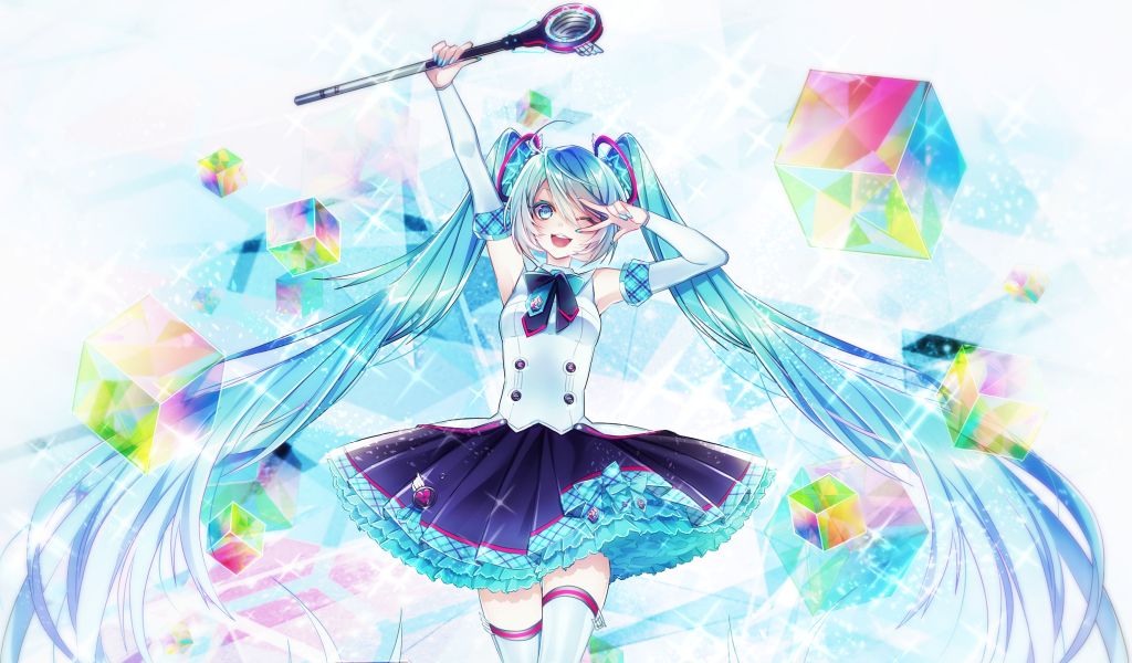 Девушка аниме с голубыми волосами с кристаллами