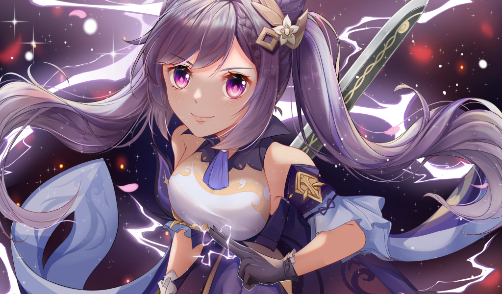 Девушка аниме с длинными сиреневыми волосами