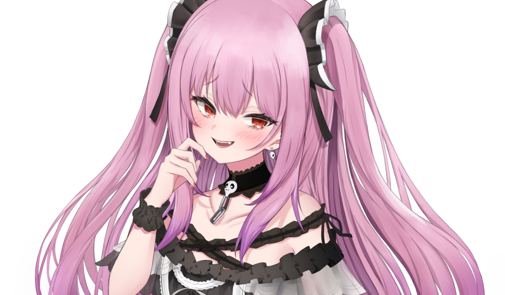 Девушка аниме с розовыми волосами на белом фоне