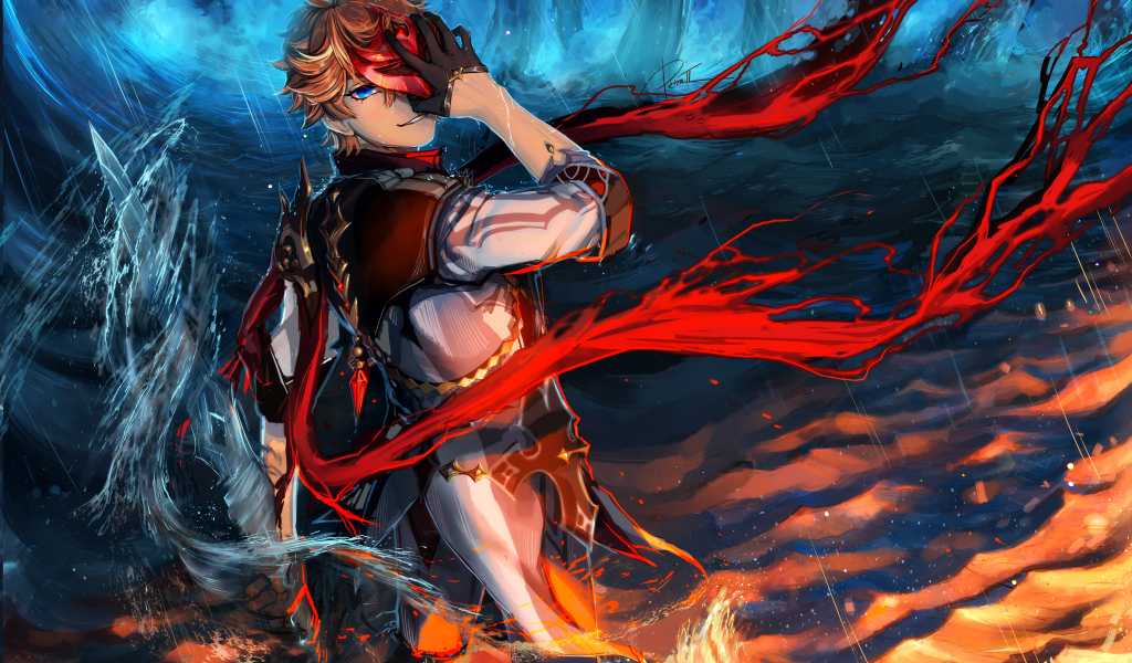 Мужчина аниме закрыл лицо рукой в воде