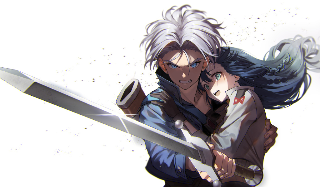 Парень и девушка на белом фоне аниме Драконий Жемчуг Зет