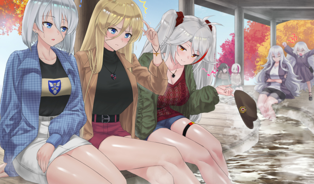 Три девушки у фонтана аниме  Azur Lane