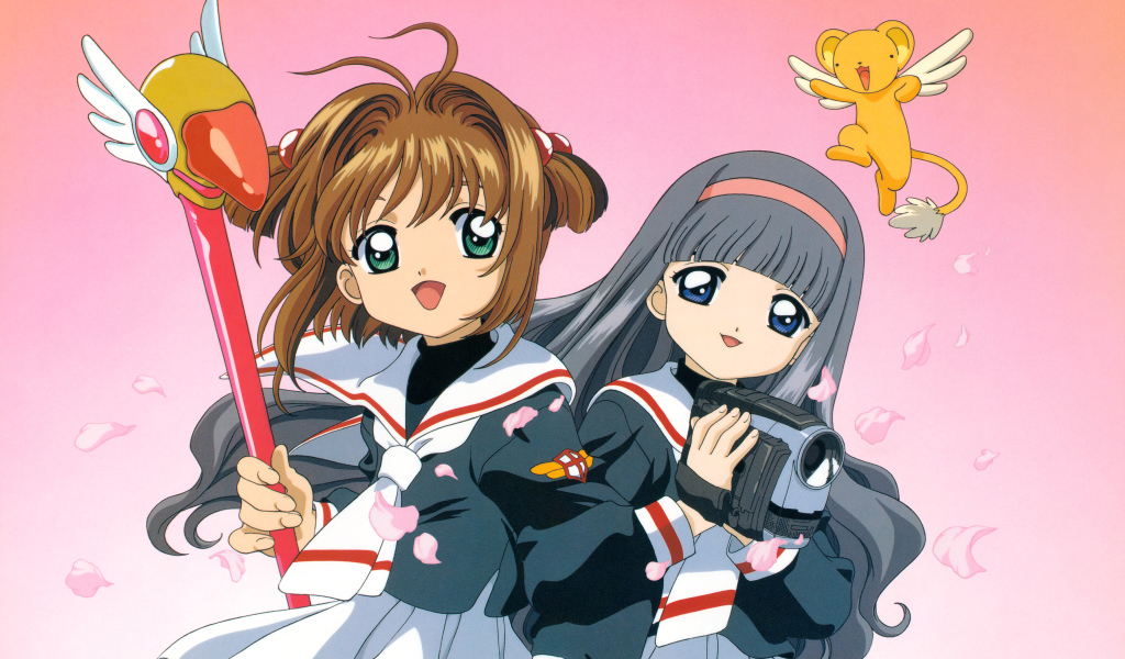 Две девушки аниме с камерой на розовом фоне