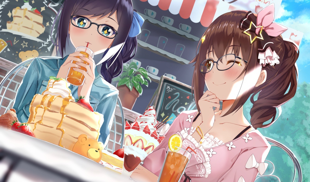Две девушки сидят в кафе аниме  Виртуальный Ютубер
