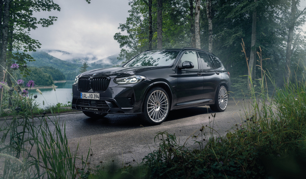 Черный внедорожник Alpina XD3 2021 года в лесу