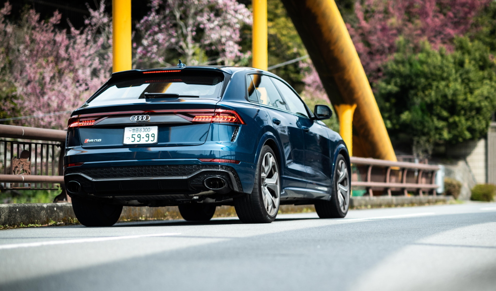 Синий кроссовер Audi RS Q8 2021 года вид сзади