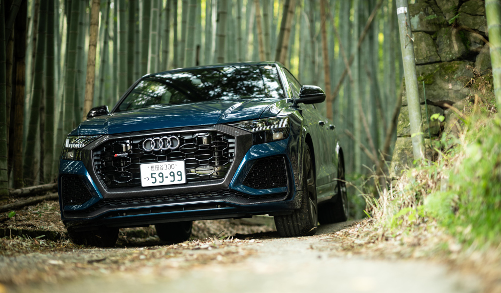 Автомобиль Audi RS Q8 2021 года в лесу