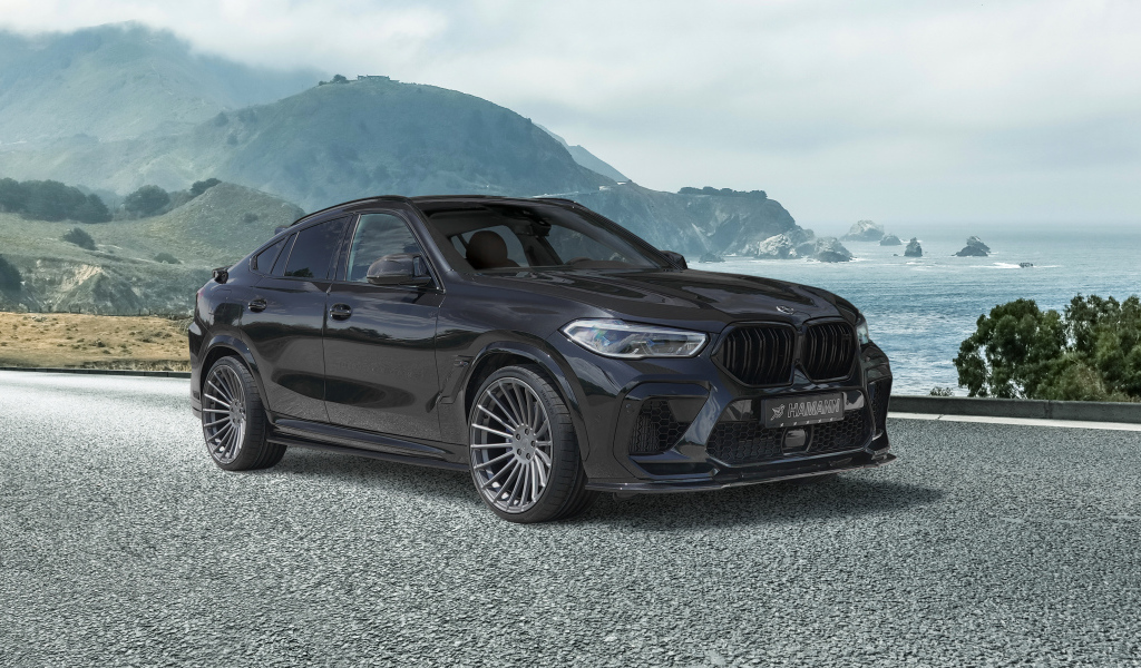 Черный автомобиль Hamann BMW X6 M Competition 2021 года на фоне гор
