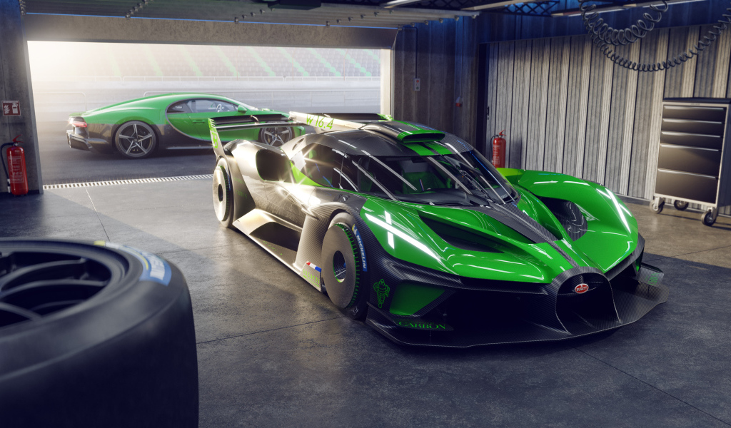 Зеленый гоночный автомобиль Bugatti Bolide 2022 года в гараже