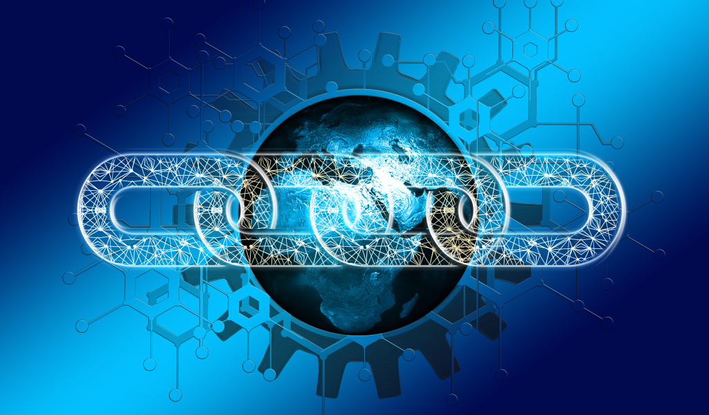 Information chain with planet earth on blue background