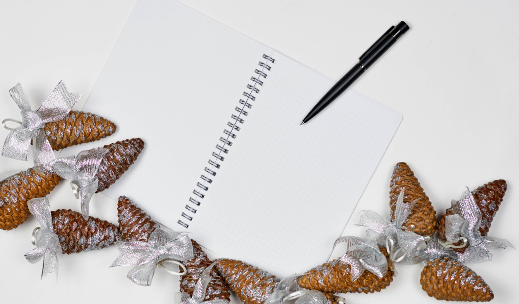 Еловые шишки на столе с блокнотом и ручкой