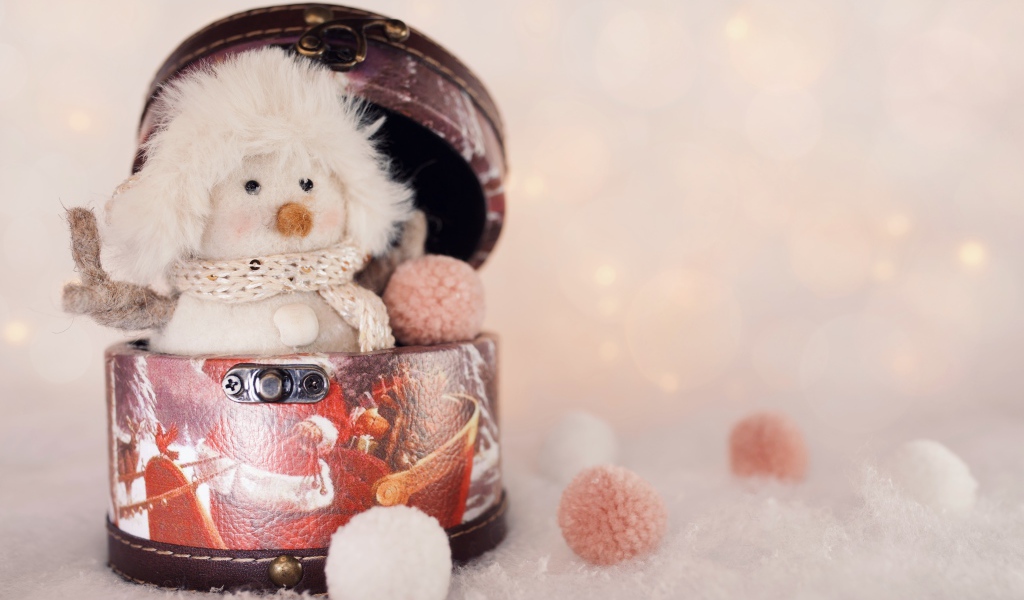 Маленький снеговик сидит в шкатулке 