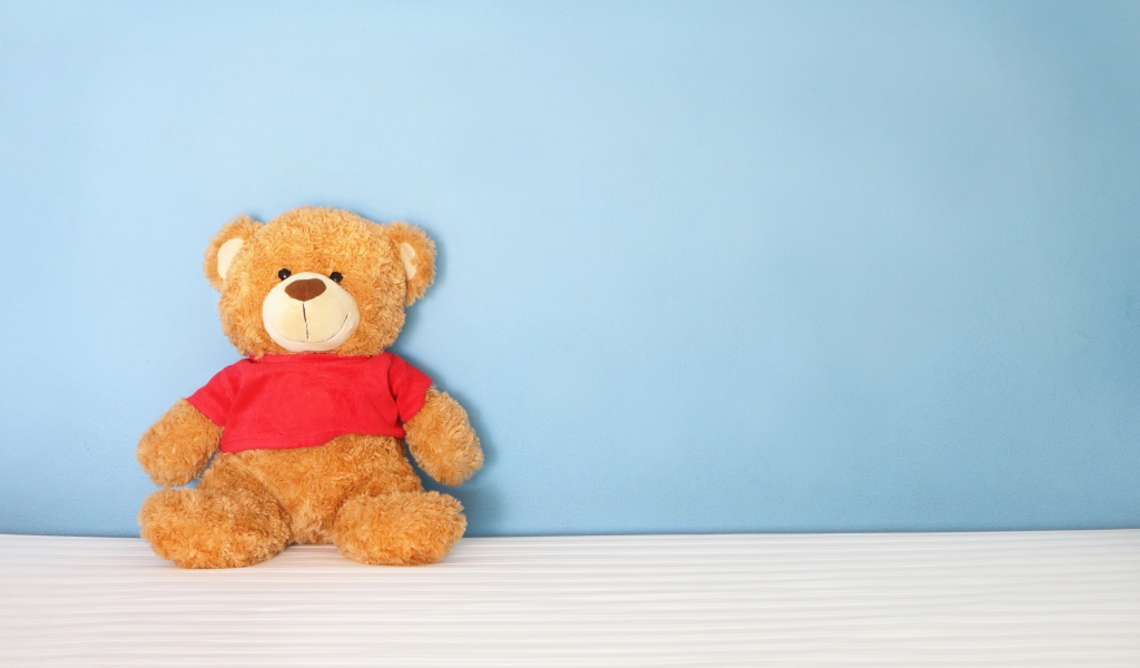 Плюшевый мишка на фоне голубой стены