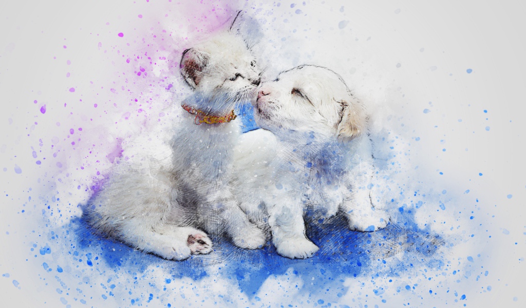 Нарисованные котенок и щенок на сером фоне