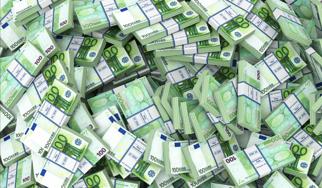 Много зеленых пачек евро крупным планом