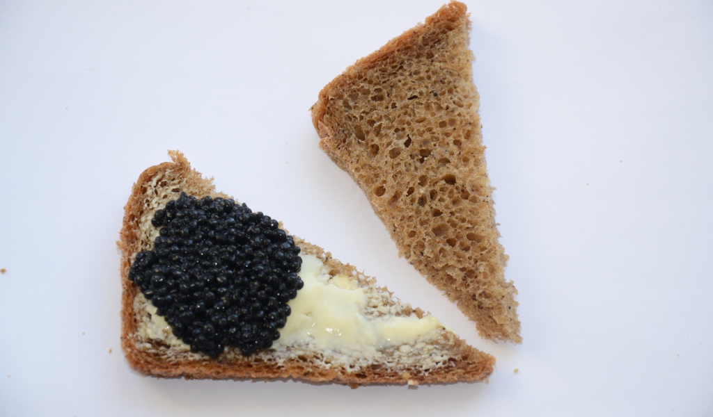 Бутерброды из черного хлеба с черной икрой на сером фоне