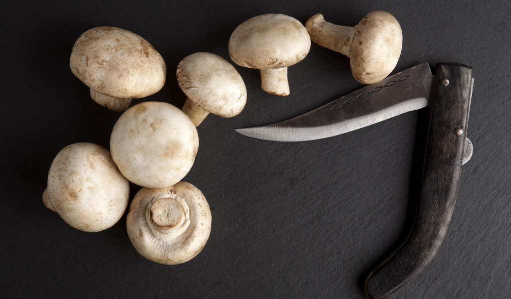 Шампиньоны на сером столе с ножом