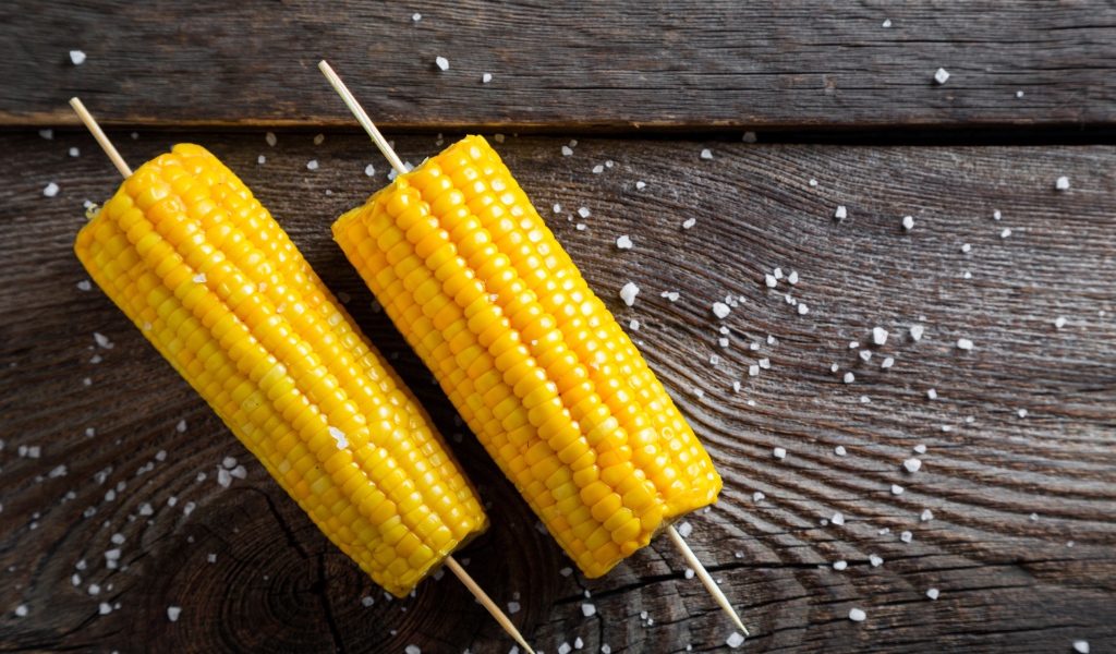 Два початка вареной кукурузы на столе 