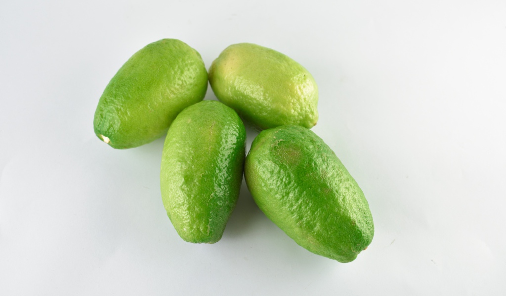 Четыре зеленых лимона на белом фоне
