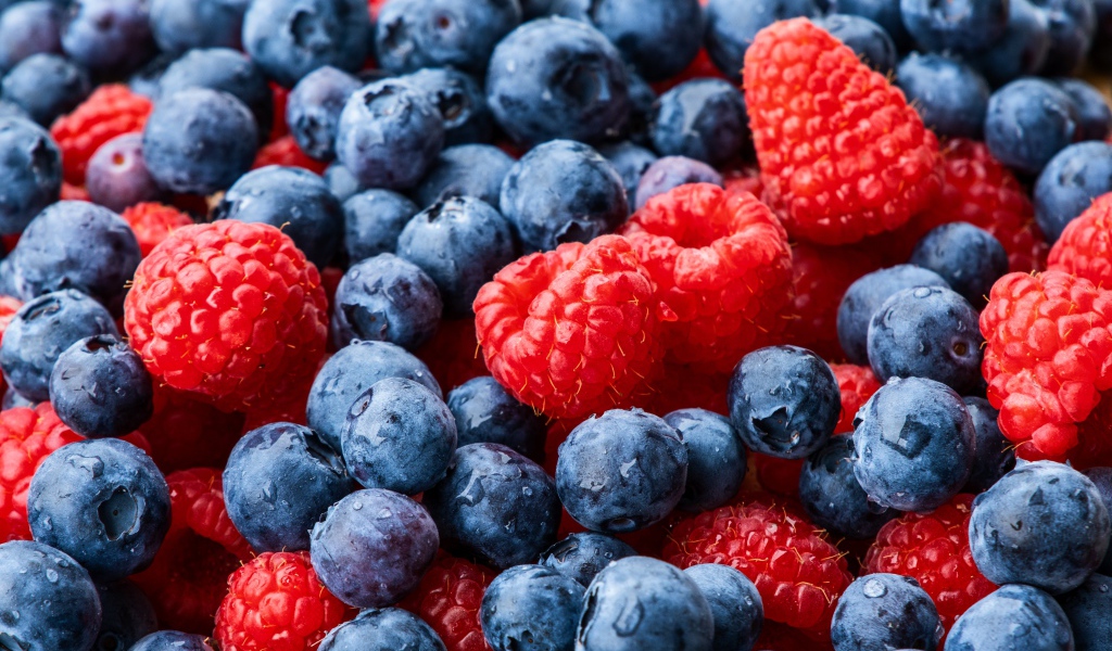 Красная ягода малины с черникой крупным планом 