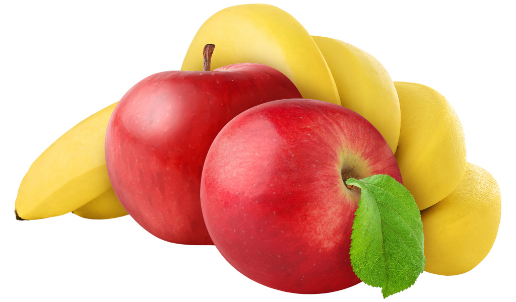 Два красных яблока с бананами на белом фоне