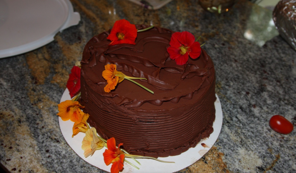 Аппетитный шоколадный торт с цветами настурции