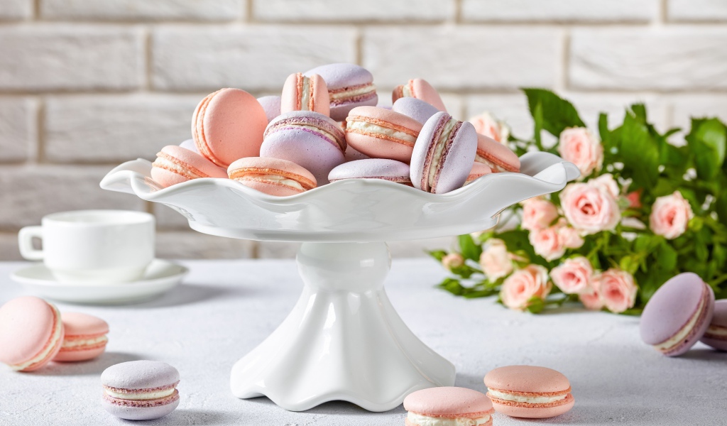 Розовое и сиреневое печенье макарун в белой вазе