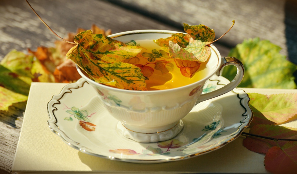 Красивая чашка чая на столе с осенними листьями