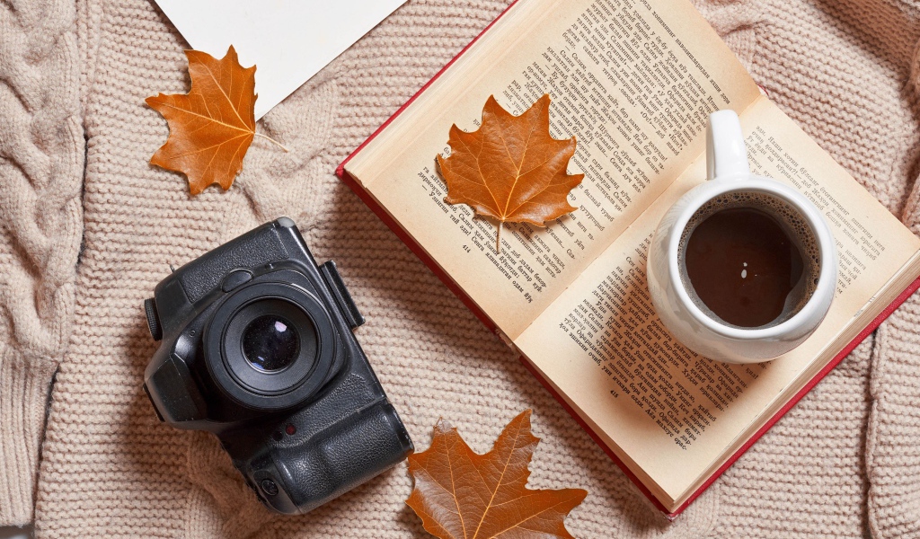 Книга с чашкой чая и фотоаппаратом на теплой кофте