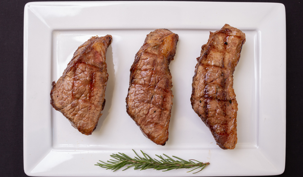 Three pieces of grilled meat on a large white plate