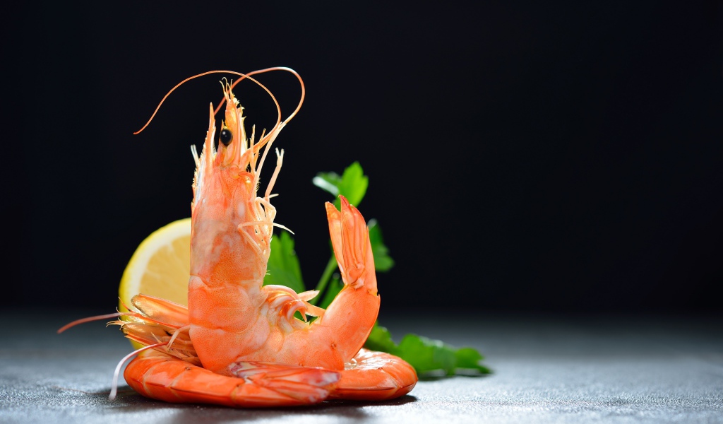 Вареные креветки с лимоном на черном фоне