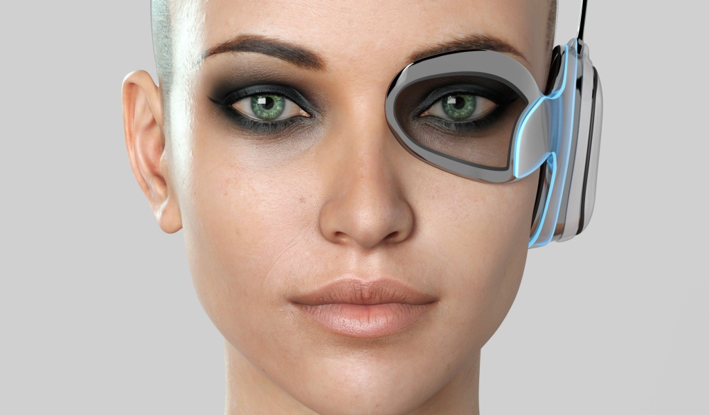 Лицо девушки киборга 3д на сером фоне 