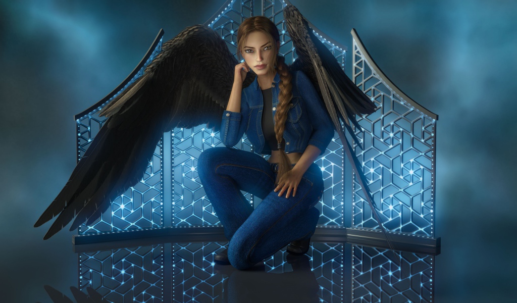 Девушка 3д с большими черными крыльями