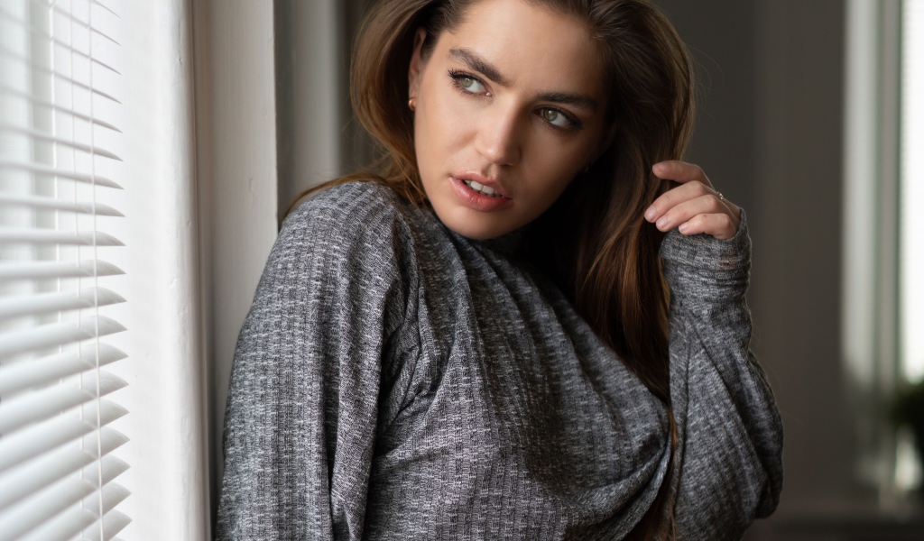 Красивая девушка брюнетка стоит у окна